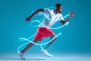 Naklejka premium Athletic man in motion sprinting with glowing blue light trails swirling around his body against a blue background, symbolizing speed and energy