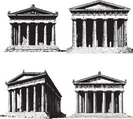 Obraz premium Ancient Greek Doric temple with thick fluted columns and triangular pediment, classic marble architecture, black and white vector illustration.