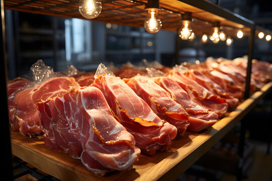 Freshly displayed cured meats at a local butcher shop showcase traditional culinary practices and craftsmanship