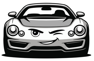 Cartoon car with winking eye and smiling mouth in grayscale front view detailed illustration