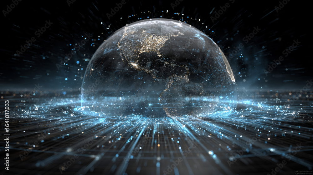 Poster digital earth visualization with light rays and data streams. global network technology concept for 