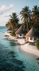 Fototapeta premium White Thatched Huts on a Tropical Beach.