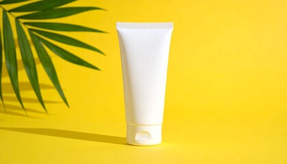 White cosmetic tube with green palm leaf on vibrant yellow background
