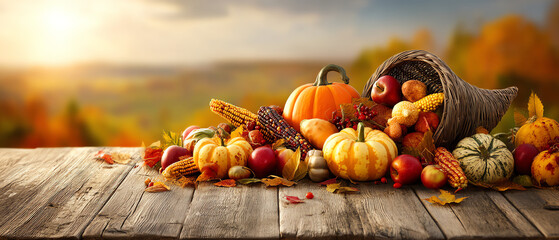 A rustic autumn cornucopia spilling pumpkins, gourds, apples, and Indian corn onto a wooden table with a blurred fall landscape in the background