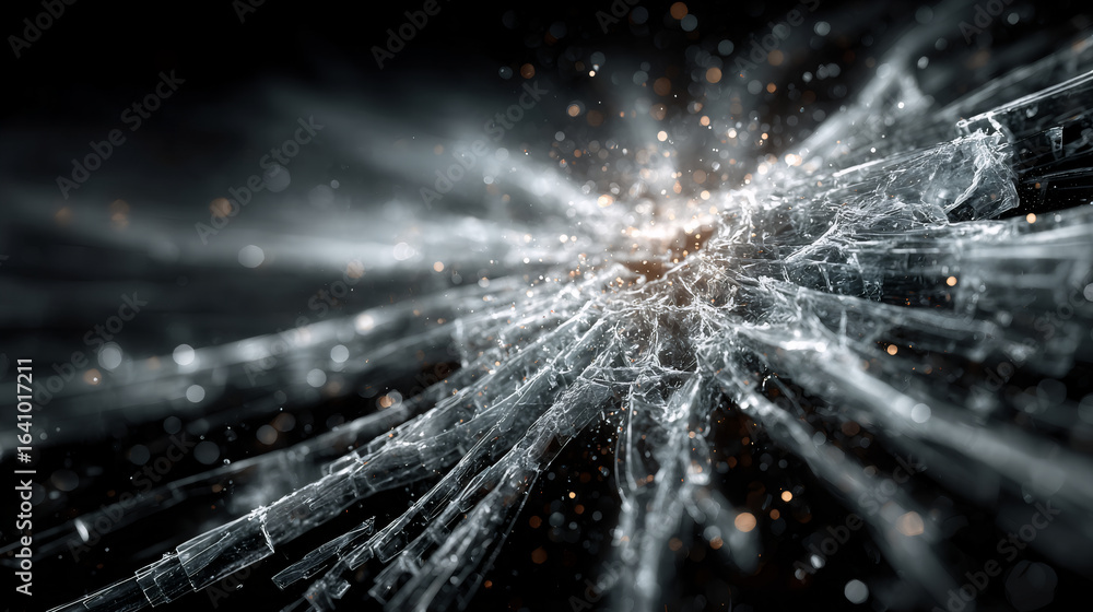 Poster shattered glass abstract background with light rays and glowing particles. dramatic broken surface w