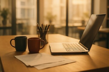 Warm sunlit workspace with laptop and coffee mugs pens