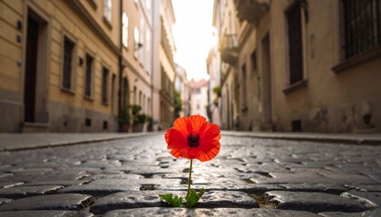orld Humanitarian Day &mdash; single red flower blooming between cobblestones on a quiet urban street, symbolizing resilience, hope, and the beauty of life emerging in hardship
