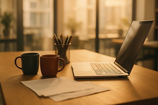 Warm sunlit workspace with laptop and coffee mugs pens