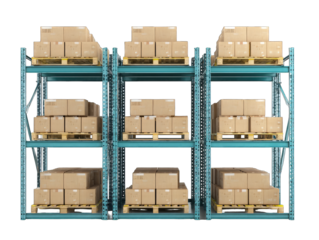 Multiple levels of teal metal shelving filled with cardboard boxes