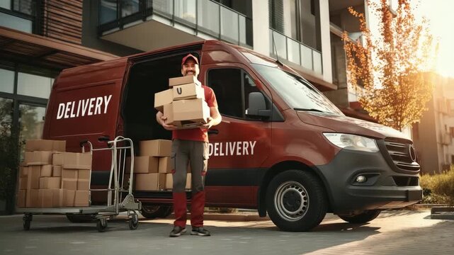 Smiling Delivery Courier Unloading Packages Outside Modern Urban Apartment Block