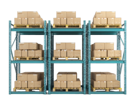 Multiple levels of teal metal shelving filled with cardboard boxes