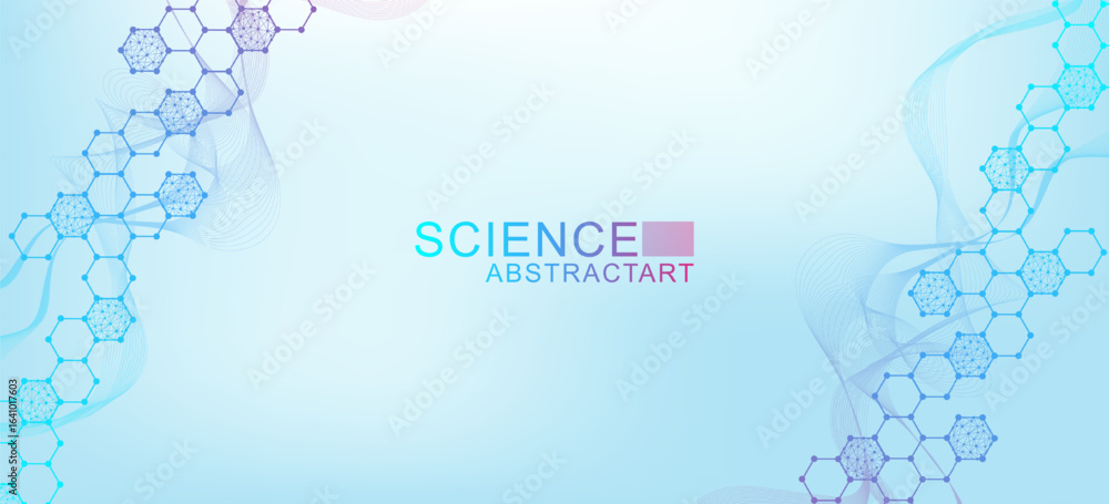 Wall mural modern scientific background with hexagons, lines and dots. wave flow abstract background. molecular