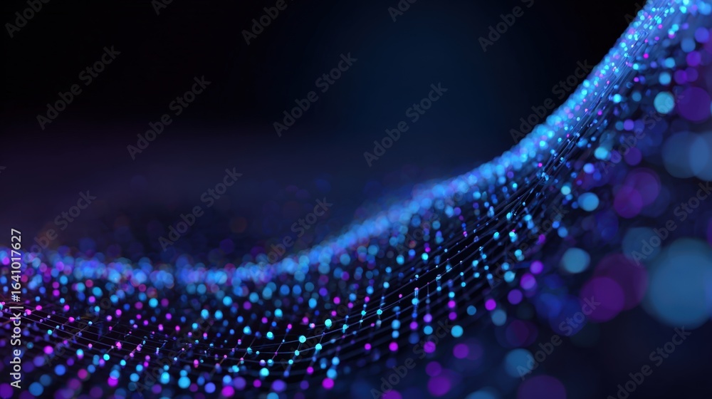 Aufkleber abstract network wave: data visualization with blue and purple dots on dark background