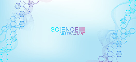 Modern scientific background with hexagons, lines and dots. Wave flow abstract background. Molecular structure for medical, technology, chemistry, science. Vector illustration