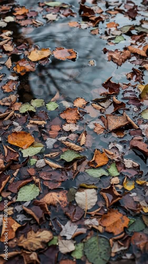 Poster colorful fallen leaves floating in a reflective puddle during autumn with visible tree reflection an