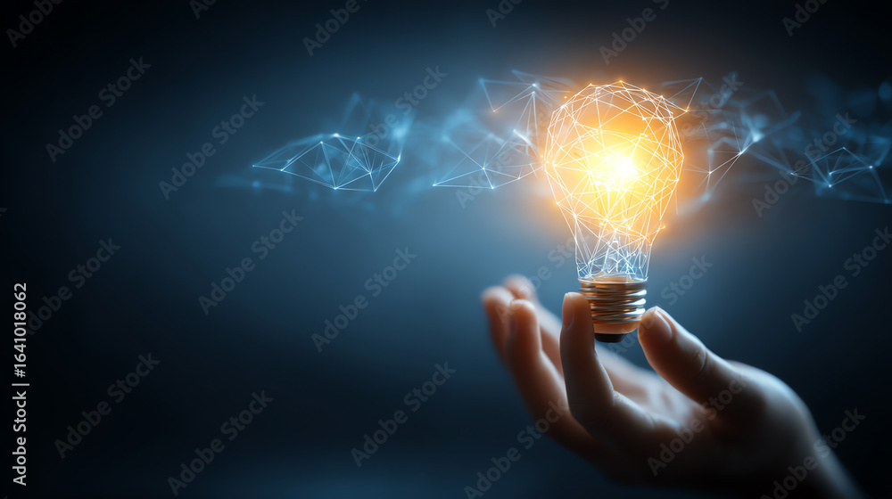 Poster hand holding a glowing digital light bulb symbolizing innovation, ideas, and technology in a dark ba