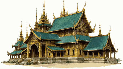 Fototapeta premium Monsoon Gold Thai temple isolated watercolor vector illustration svg