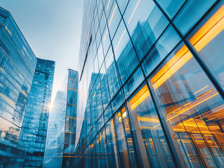 Fototapeta premium Modern glass skyscrapers reflect the sky and surrounding buildings, illuminated by warm interior lights, showcasing sleek architecture and urban business environment at dusk