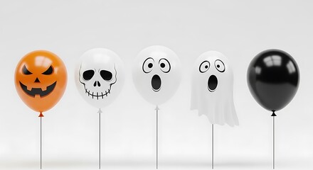 Halloween balloons with spooky faces, including pumpkin, skull