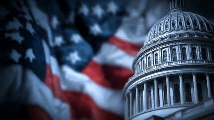 The U.S. Capitol dome stands prominently in the foreground with a blurred American flag waving in the background, symbolizing governance and patriotism