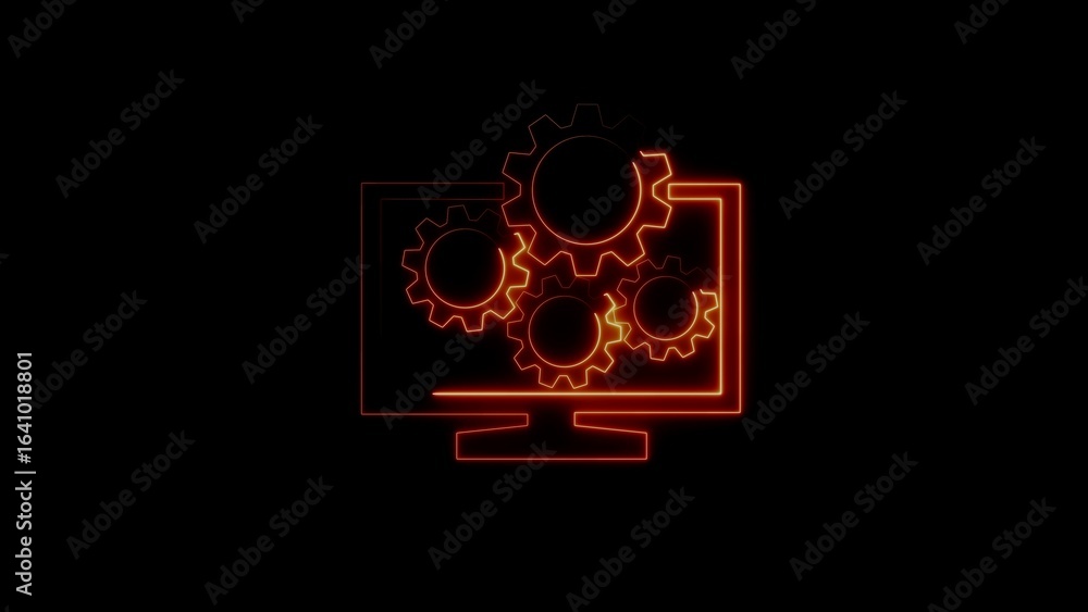 Poster glowing neon computer screen with connected gears illustrating technological processes and settings