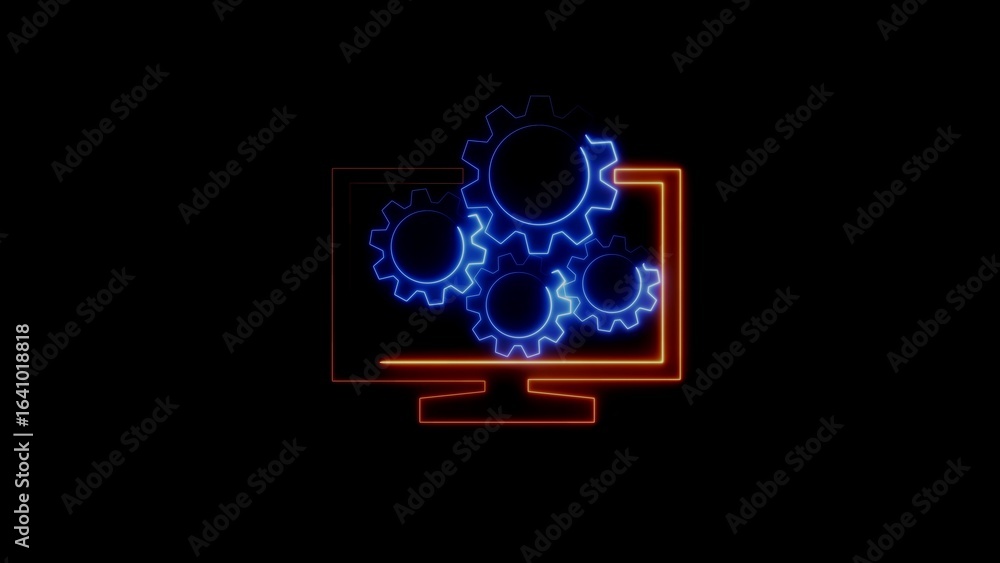 Poster neon style illustration of a computer monitor and interlocking gears on black background