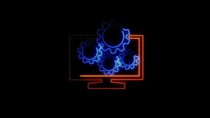 Neon style illustration of a computer monitor and interlocking gears on black background