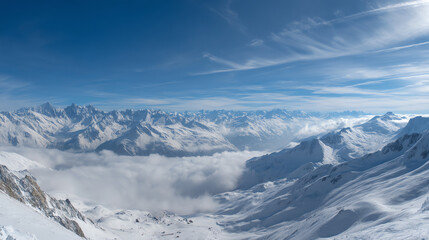 Snow-covered mountain range under a clear blue sky with clouds settled in the valley, showcasing a vast and serene winter landscape