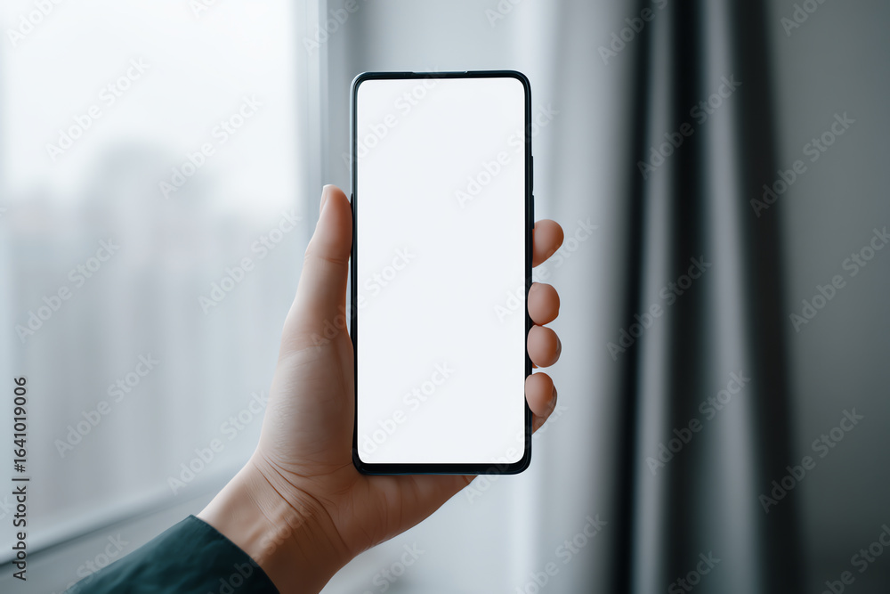 Poster hand holding a smartphone with a blank white screen in front of a window, showcasing the device in a