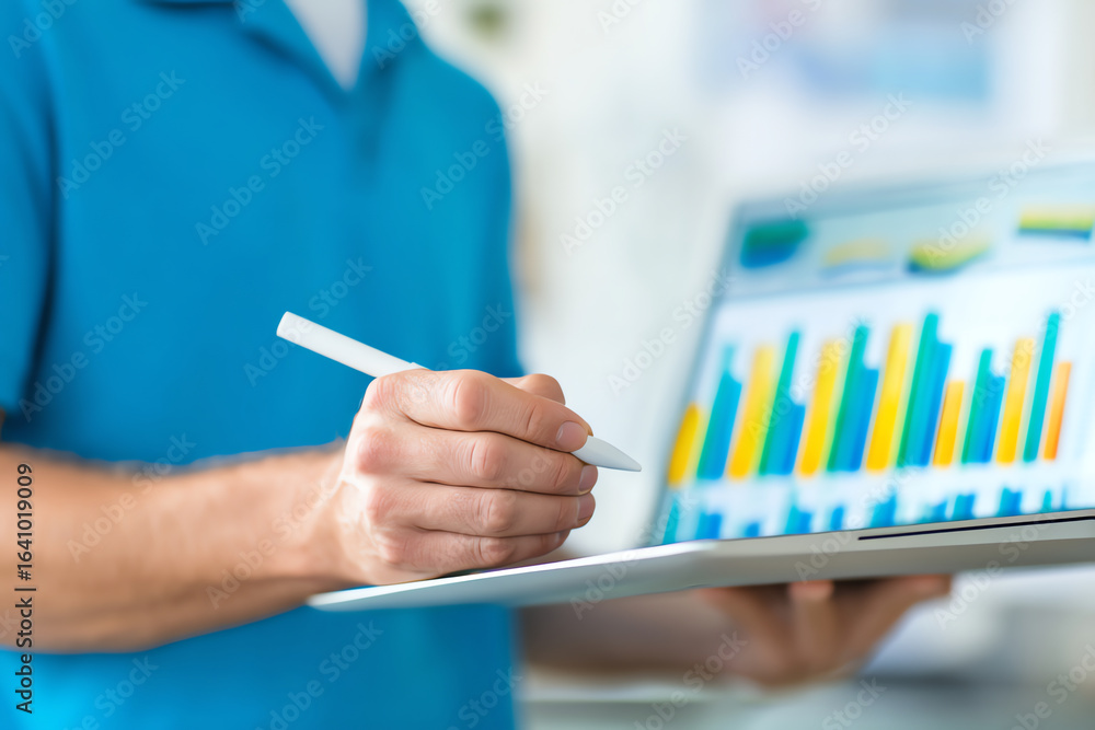 Aufkleber person using stylus on tablet displaying colorful bar charts for data analysis or presentation in a 