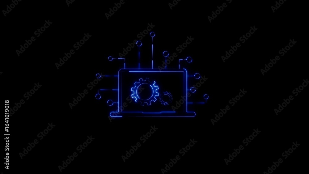 Aufkleber illuminated laptop with cogwheels and circuitry representing technological advancement in computing