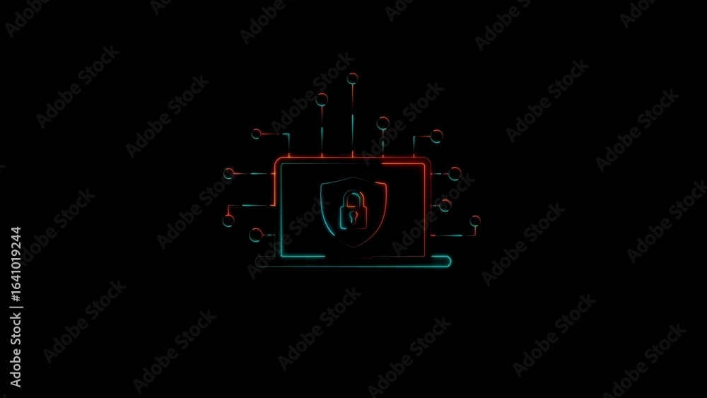 Poster cyber security illustration of encrypted computer laptop representing network data protection