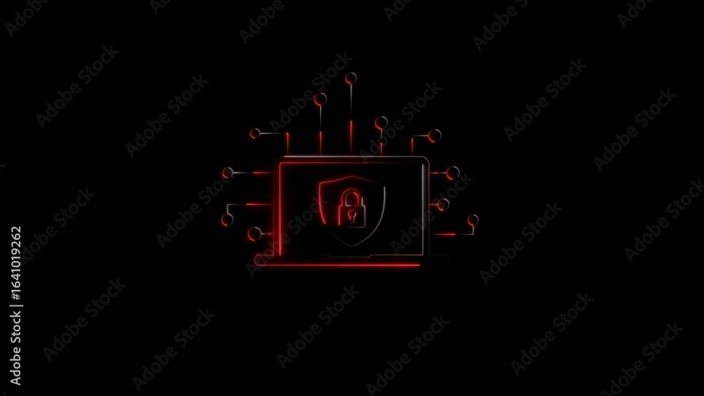Poster digital cybersecurity concept depicting laptop shield lock with data network connections