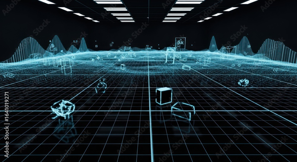 Poster abstract data grid landscape with floating geometric shapes in digital cyberspace