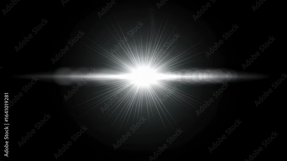 Aufkleber bright white optical lens flare effect with horizontal light rays on black background. abstract star