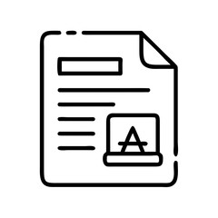 Black outline icon of a document page with text lines and a typography symbol, representing layout design or formatting concepts.

