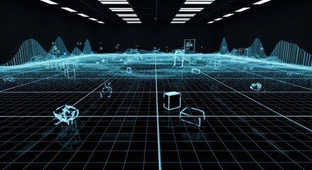 Abstract data grid landscape with floating geometric shapes in digital cyberspace