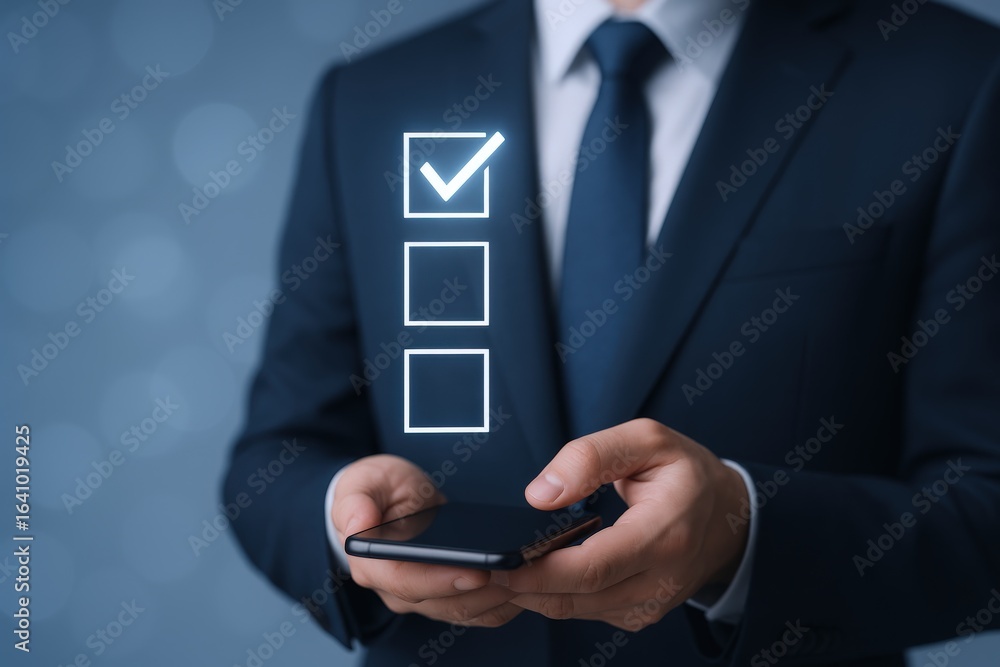 Poster businessman using a smartphone to complete a digital checklist with a marked box in the first positi