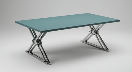 Modern Teal Table with Chrome Legs on White Background.