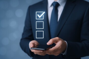 Businessman using a smartphone to complete a digital checklist with a marked box in the first position