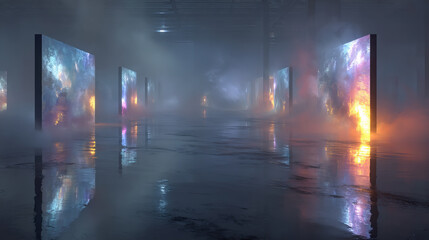 Digital art gallery with abstract nebula projections in dark foggy room with reflective floor. Modern exhibition space with cosmic multimedia installation. Art concept