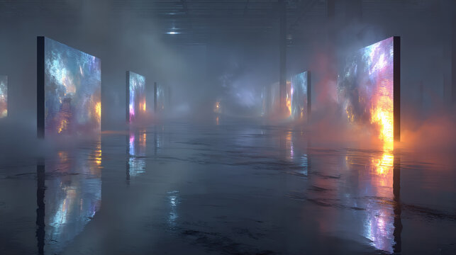 Digital art gallery with abstract nebula projections in dark foggy room with reflective floor. Modern exhibition space with cosmic multimedia installation. Art concept