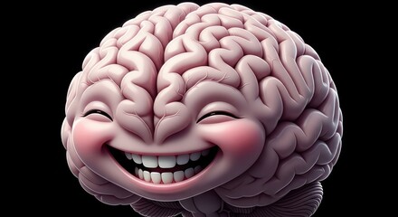 Animated human brain with a broad happy smile against a black background