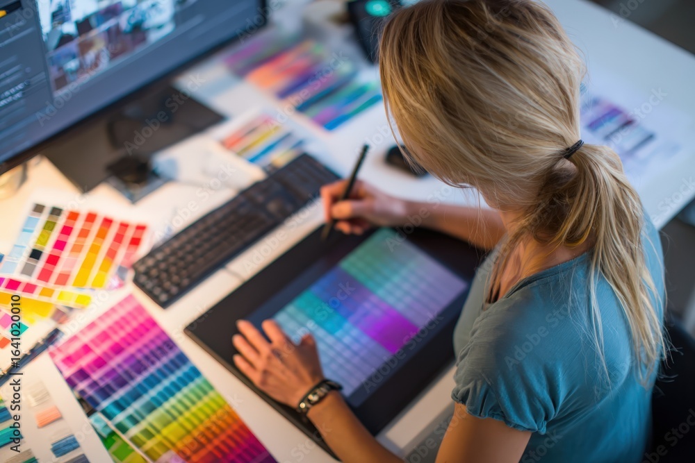 Poster graphic designer using a pen tablet and working on a computer, color palette samples and keyboard