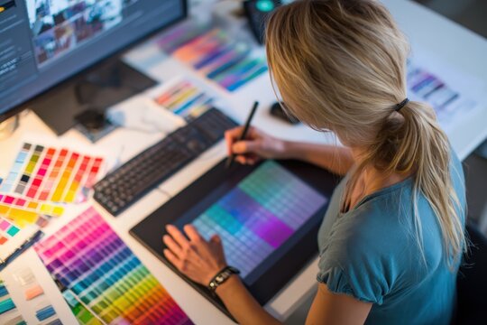 Graphic designer using a pen tablet and working on a computer, color palette samples and keyboard