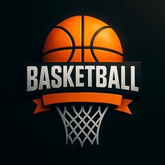 Modern Minimal Basketball Badge Logo with Orange Ball, Ribbon Banner, and Hoop Net