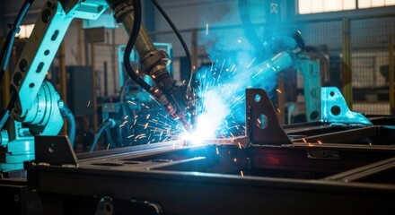 Automated welding process creating bright sparks in a manufacturing facility environment