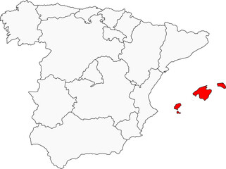 Map of Spain highlighting the Balearic Islands. Perfect for projects on Mediterranean travel, island life, vibrant nightlife, and beautiful beaches