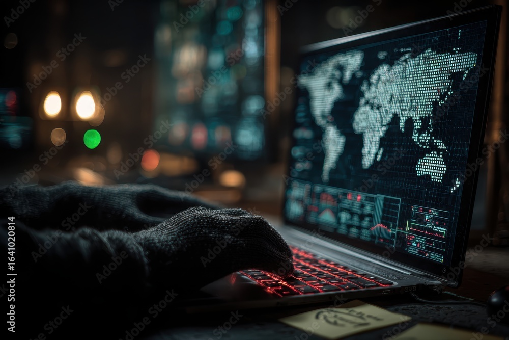 Poster a hacker's gloved hands typing on a laptop with a world map screen.