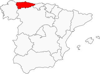 Map of Spain highlighting Asturias. Perfect for designs on its stunning coastline, rugged mountains, Celtic heritage, and lush green landscapes.